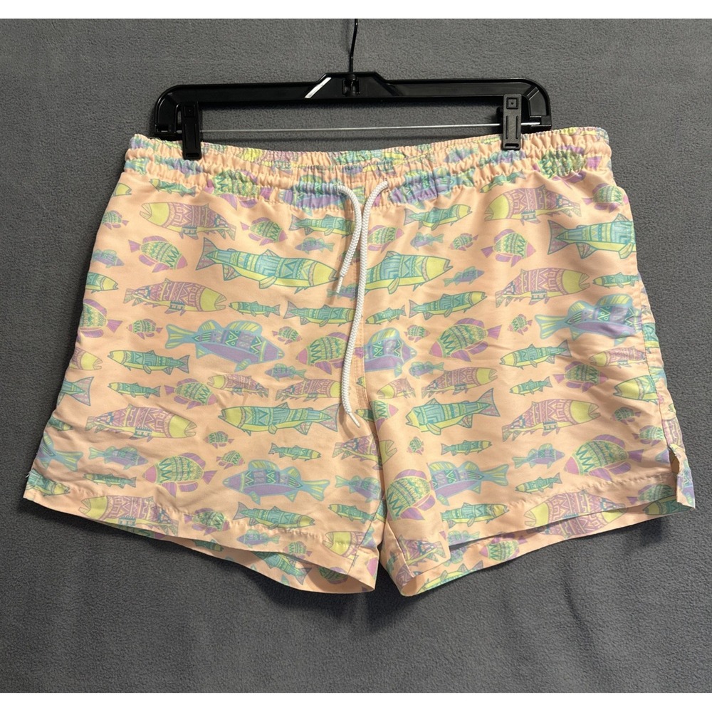 Chubbies Coral Aztec Fish Print Swim Trunks Lined 5" Mens M Pink Beach Resort